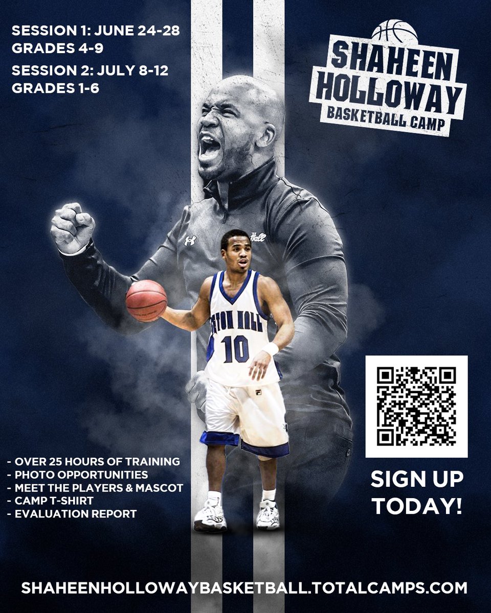 SHAHEEN HOLLOWAY BASKETBALL CAMP • SEASON 3!!

Session I runs from June 24-28 Session II takes place July 8-12. Limited spots available this year due to construction. Registration is LIVE ➡️ bit.ly/hollowaycamp

#HALLin 🔵⚪️ | @coachsha10