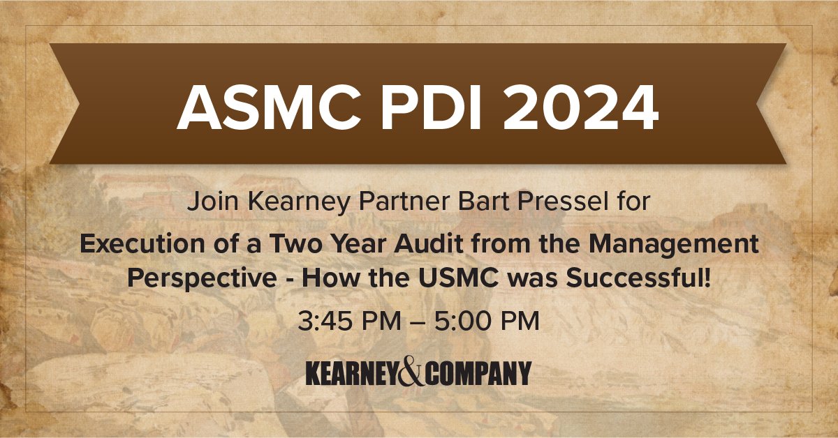 Kearneyandco's tweet image. Join us this afternoon as we hear from Kearney Partner Bart Pressel and panelists Greg Koval, Meredith Madwatkins, and John Short for a discussion on lessons learned from the USMC’s two year first time full scope opinion effort. #PDI24 #ASMC #LetsGoKearney