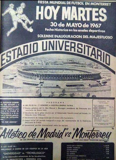 Hoy se cumplen 57 años de la inauguración del Estadio Universitario, la casa de @TigresOficial. Y curiosamente el padrino de la inauguración fue @Rayados. 30 mayo 1967 Esa noche Monterrey se enfrentó al Atlético Madrid. Con gol del brasileño Mariano Ubiracy, Rayados ganó 1-0!