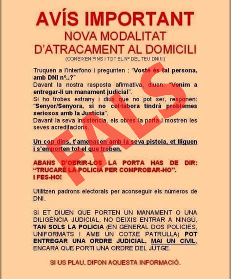 🚨 Hem sabut que alguns veïns de #LaRocadelVallès han rebut aquest avís fals sobre un mètode d'atracament a domicili. No facis cas, no el comparteixis i esborra'l.

 🚔 @mossos també ha alertat sobre la falsedat d'aquest rumor.