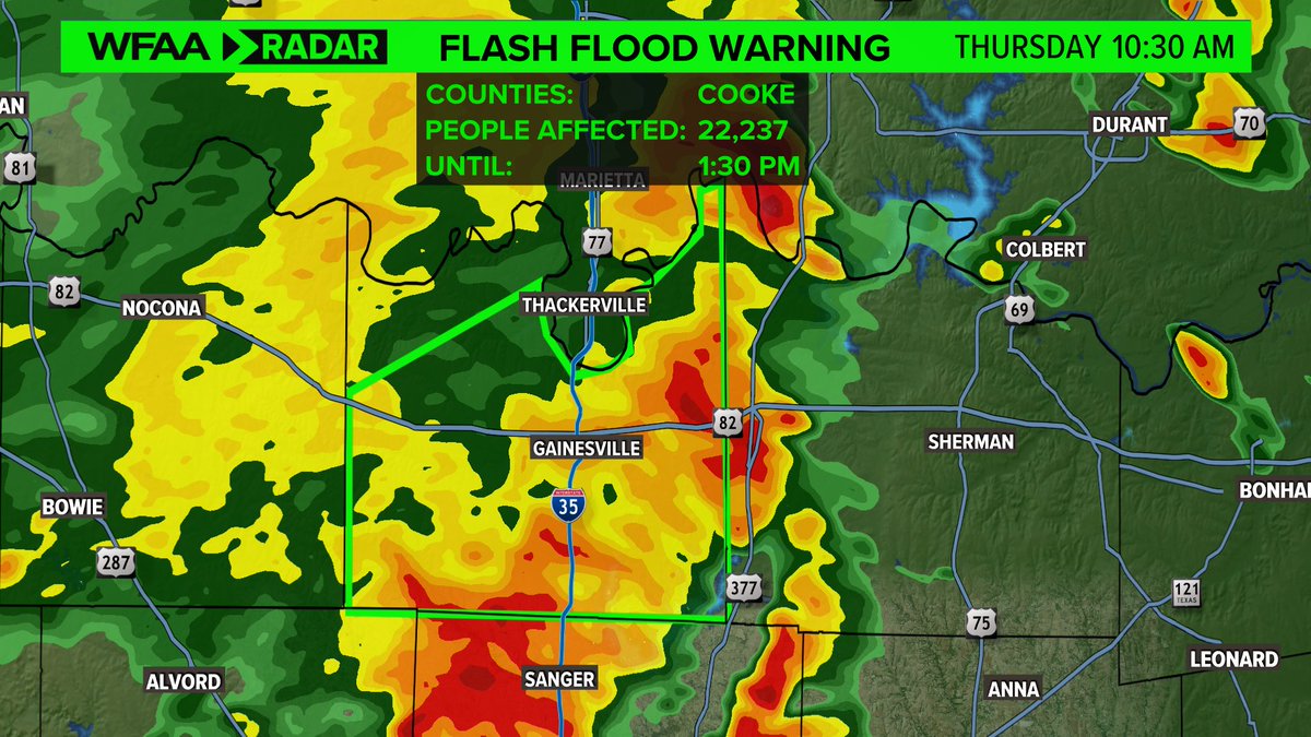 A FLASH FLOOD WARNING is in effect for Cooke County. 1'-1.5' has fallen with an additional 1'+ possible. #iamup #wfaaweather