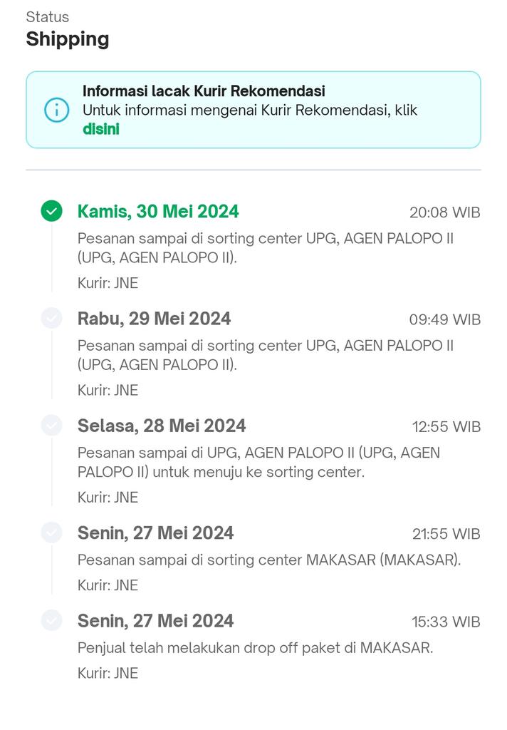 Dear <a href="/JNECare/">JNE Customer Care</a> <a href="/JNE_ID/">JNE Express</a> ini kok status kiriman dari hari Selasa sampai Kamis, statusnya sama yah. Gak ada kurir atau gimana ini. 
Mohon JNE cabang Kota Palopo di evaluasi, lihat deh ulasan di google Maps. Kebanyakan Bintang Satunya