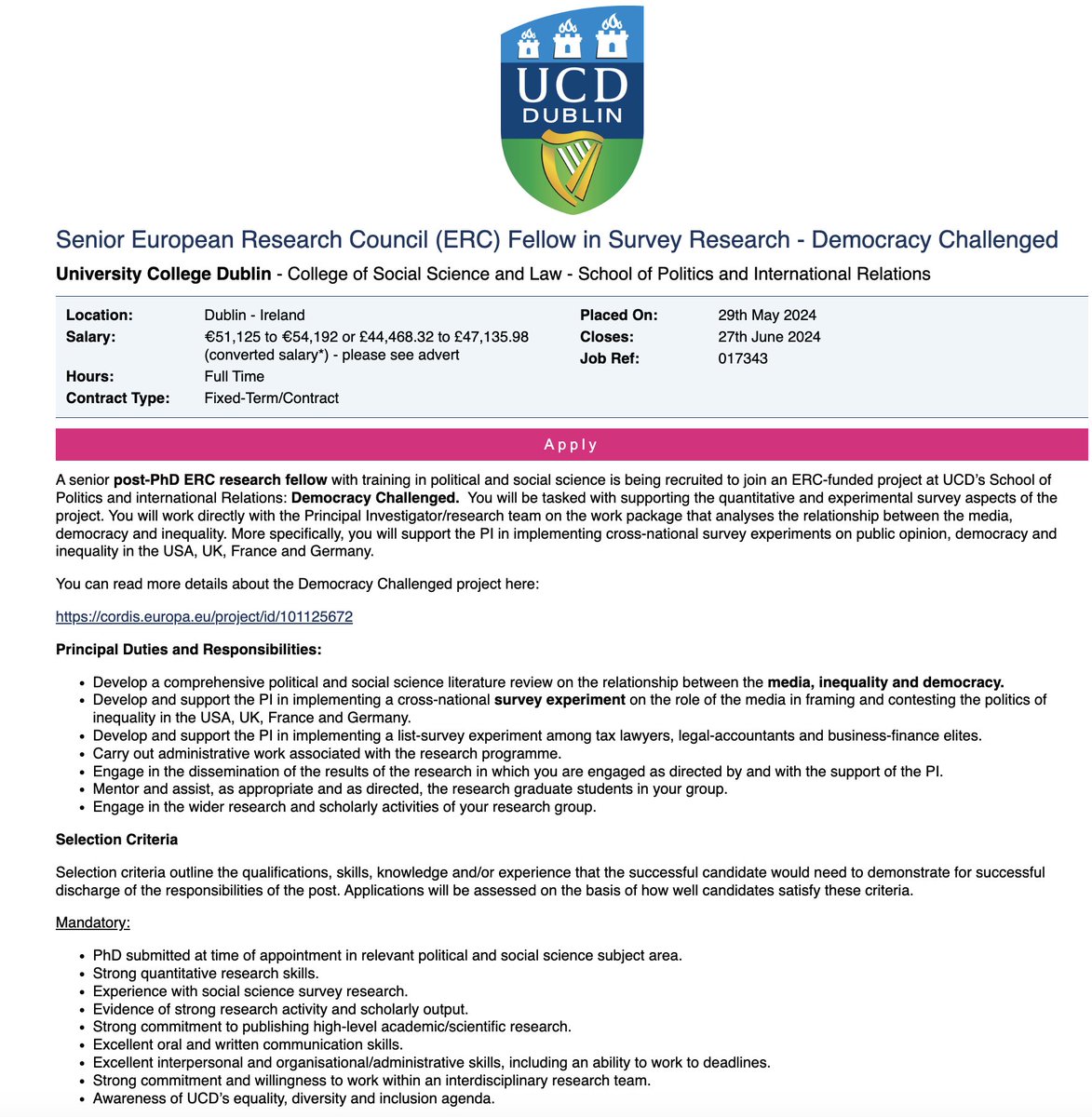 🚨 Senior Postdoctoral Fellowship in Survey Research. 🇮🇪 @ucddublin @ucdpolitics @ERC_Research 👇 ⏲️ Please share! 🙏 jobs.ac.uk/job/DHW561/sen… cordis.europa.eu/project/id/101…