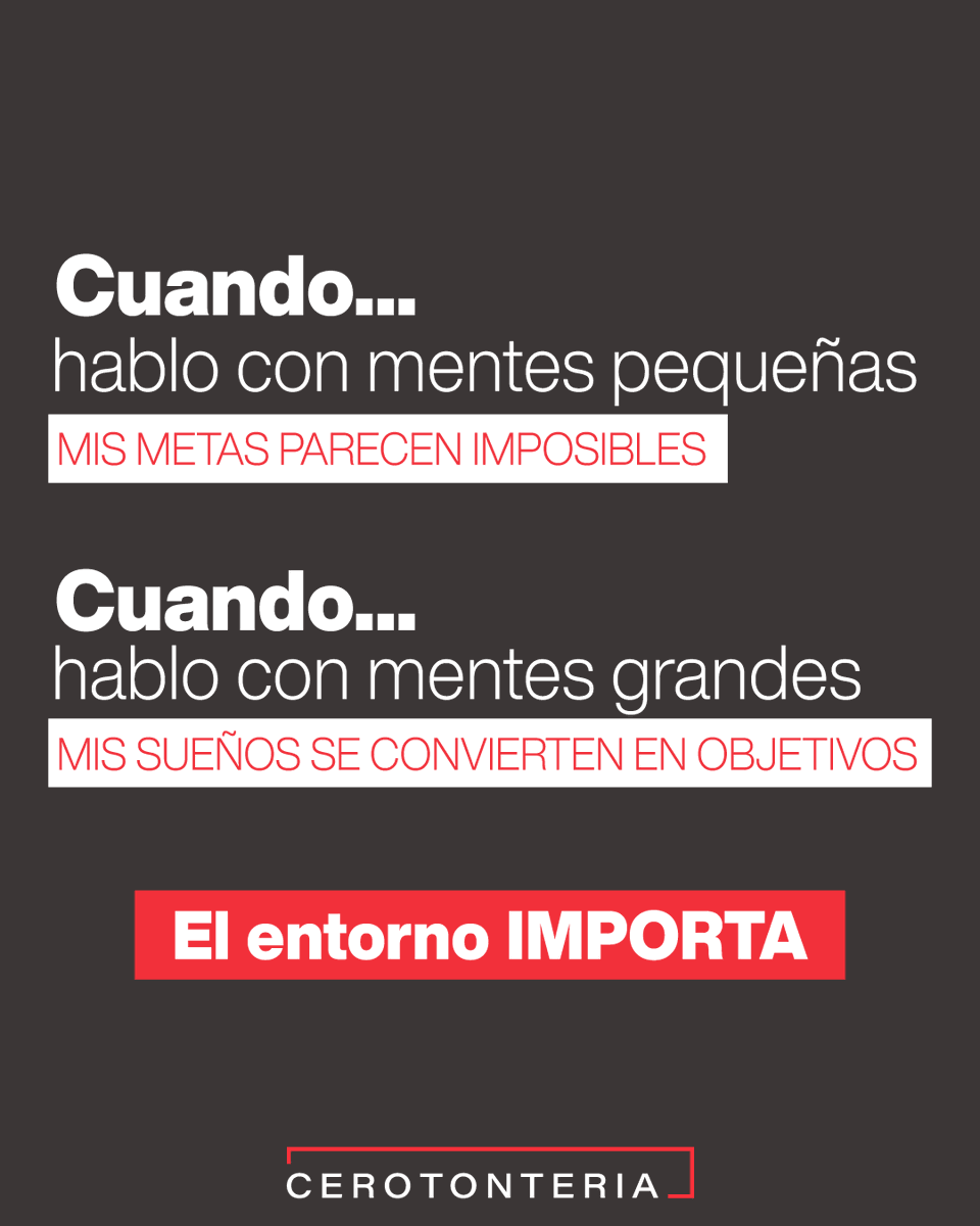 💥 El #entorno influye muchísimo en cualquier ámbito de nuestra vida y, en el profesional, más.

❎ Si una persona no cree en sí misma o piensa que no lo va a lograr, lo más normal es que fracase. Si a esto le sumamos que el entorno no ayuda o apoya, la cosa se complica más.