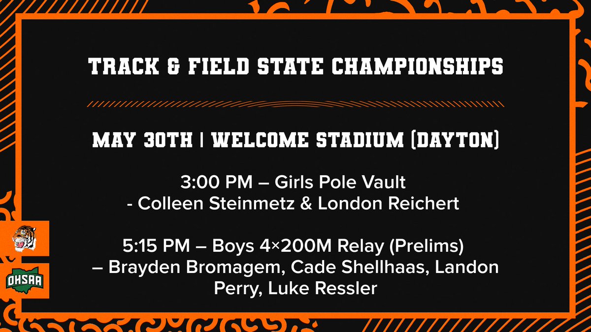 Good luck to Colleen, London, &amp; our Boys 4×200 team at Day 1 of the State Championships! Tickets can be purchased here: ohsaa.org/tickets
<a href="/AHSTigersTrack/">Ansonia Tigers Track and Field</a>