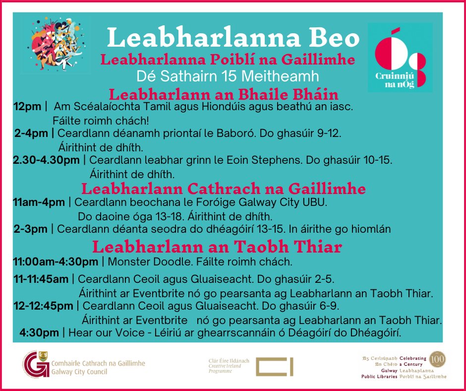 Our three city libraries have lots of free events for children and teenagers on the 15th of June for #CruinniúNanÓg. Lots of the events are drop in, but some must be booked ahead of time. Please contact the relevant library branch for more information.