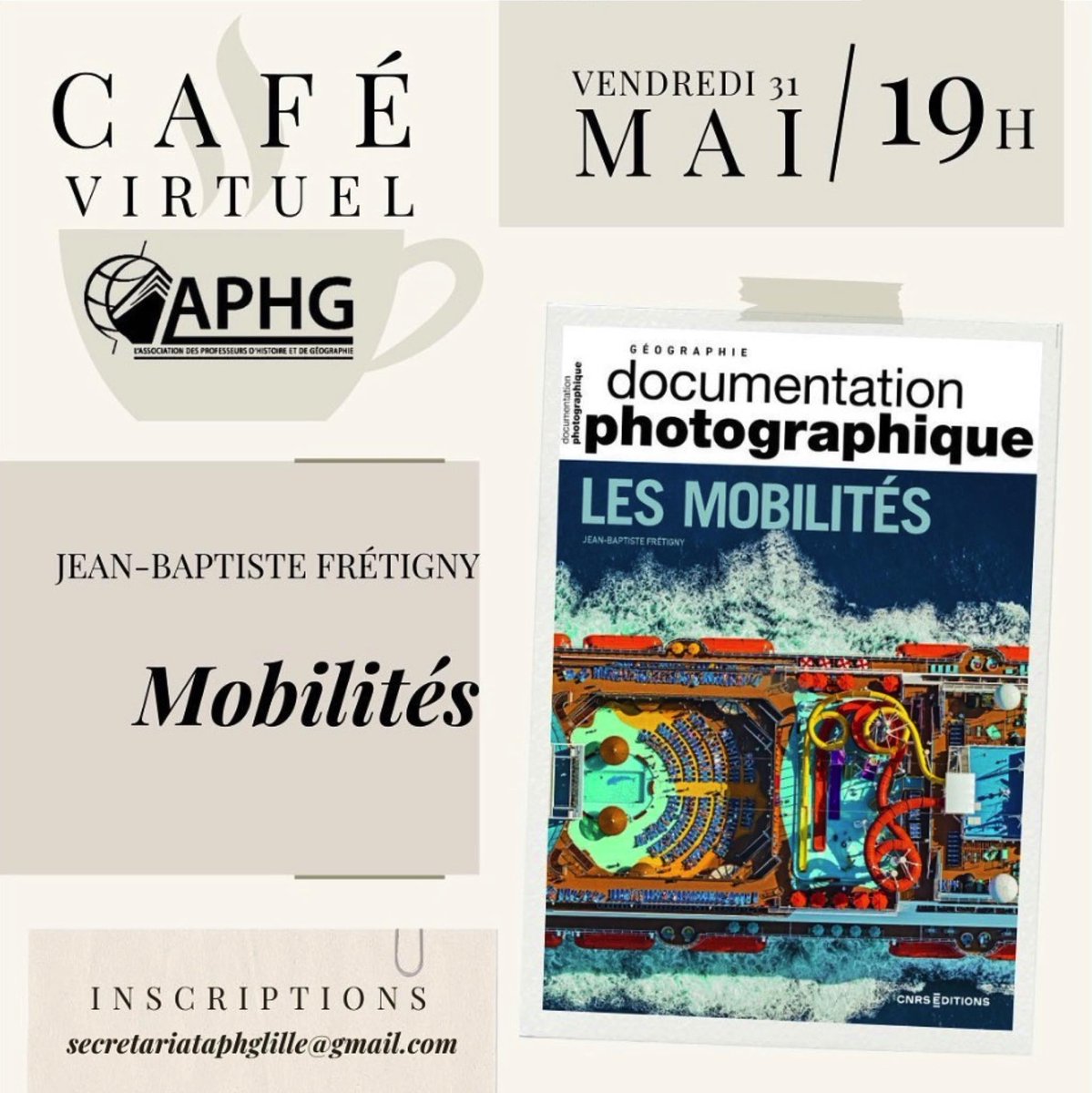 Salomé Pliez-Vallet (@salomepliez) on Twitter photo Les mobilités c'est demain ! Un café autour de la doc photo de Jean-Baptiste Frétigny, 31/05 à 19h
Pour se mettre à jour sur les avancées de la recherche et illustrer vos cours grâce à de nouveaux exemples, une seule adresse :
secretariataphglille@gmail.com Les mobilités c'est demain ! Un café autour de la doc photo de Jean-Baptiste Frétigny, 31/05 à 19h
Pour se mettre à jour sur les avancées de la recherche et illustrer vos cours grâce à de nouveaux exemples, une seule adresse :
secretariataphglille@gmail.com