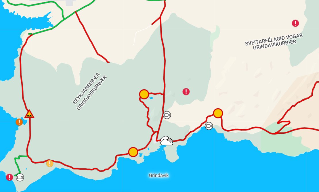 Alle drei Straßen, die nach Grindavik hinein und hinaus führen, wurden für die Öffentlichkeit gesperrt und zwei davon wurden von fließender Lava überdeckt.