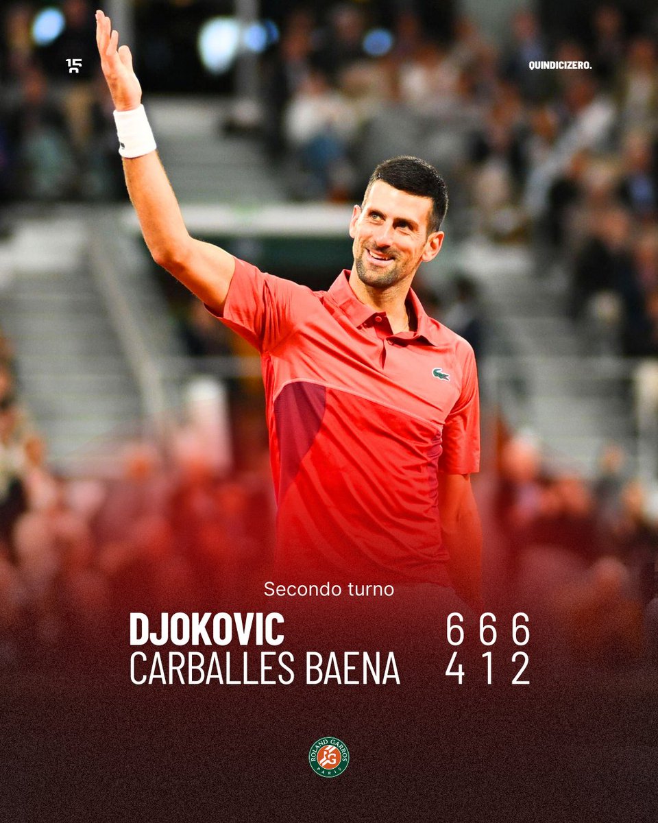 R2 ✅ Novak Djokovic concede solo 7 game a Roberto Carballes Baena, avanzando al terzo turno del Roland Garros: sfiderà il vincitore del match di stasera fra Lorenzo Musetti e Gael Monfils.