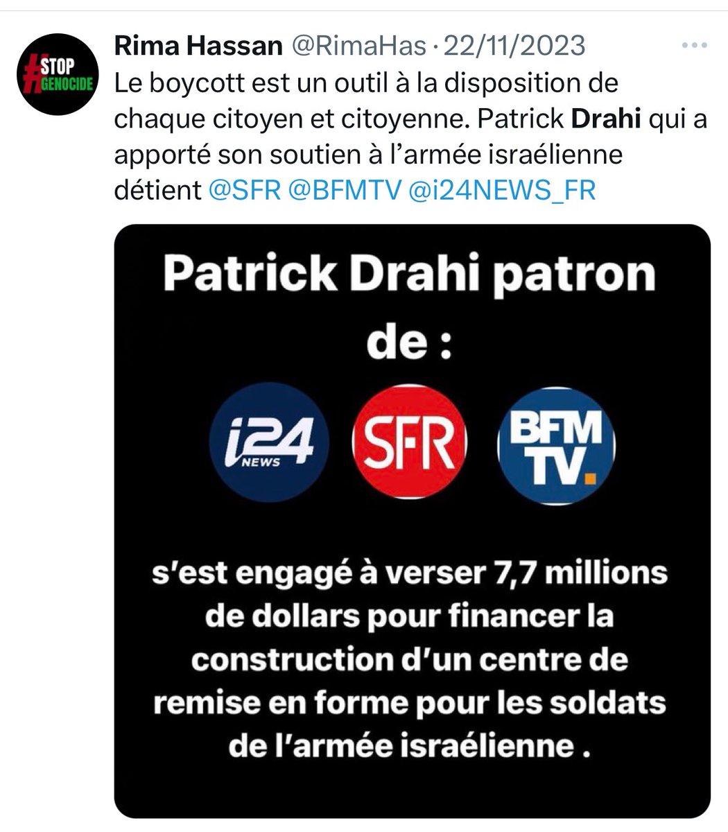 Donc Rima Hassan propose de boycotter Bouygues en réponse à l’interview de #Netanyahu sur TF1/LCI, demande aussi le boycott de SFR parce que tenu par un juif.

Demain, elle demandera le boycott d’Orange parce qu’il diffuse des séries israéliennes et Free parce qu’il opère en