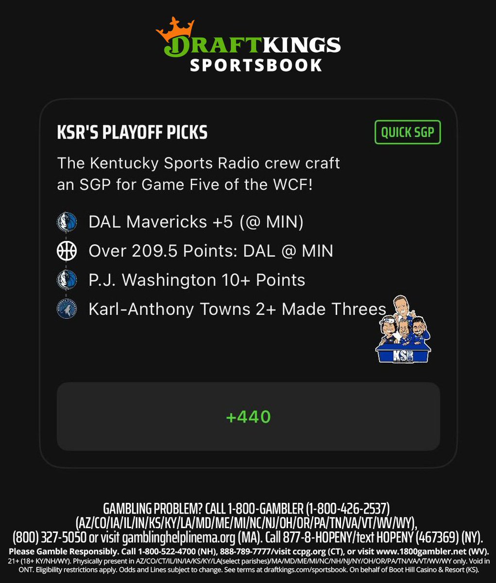 We've had some success with the Western Conference Finals, so the KSR Parlay is going back for more in Game 5 tonight.

Go Mavs, former Cats, and points.

#DKPartner