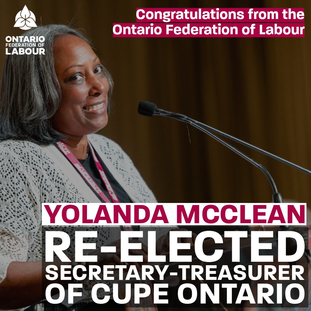 OFL (@oflabour) on Twitter photo The OFL sends our congratulations to <a href="/Yoequality/">Yolanda McClean</a> on being re-elected as the Secretary-Treasurer of <a href="/CUPEOntario/">CUPE Ontario</a>.
#OnLab The OFL sends our congratulations to <a href="/Yoequality/">Yolanda McClean</a> on being re-elected as the Secretary-Treasurer of <a href="/CUPEOntario/">CUPE Ontario</a>.
#OnLab