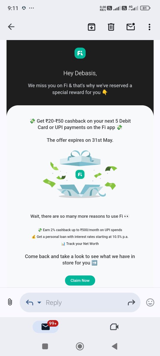 Hey @Bank_on_Fi @FiCares

How can I redem this offer in between next 24hours ? You could have sent this on May 1st so I can complete the offer. Requesting you to send your offers on priority basis, So customer can enjoy the maximum benefits. 

Thank you..