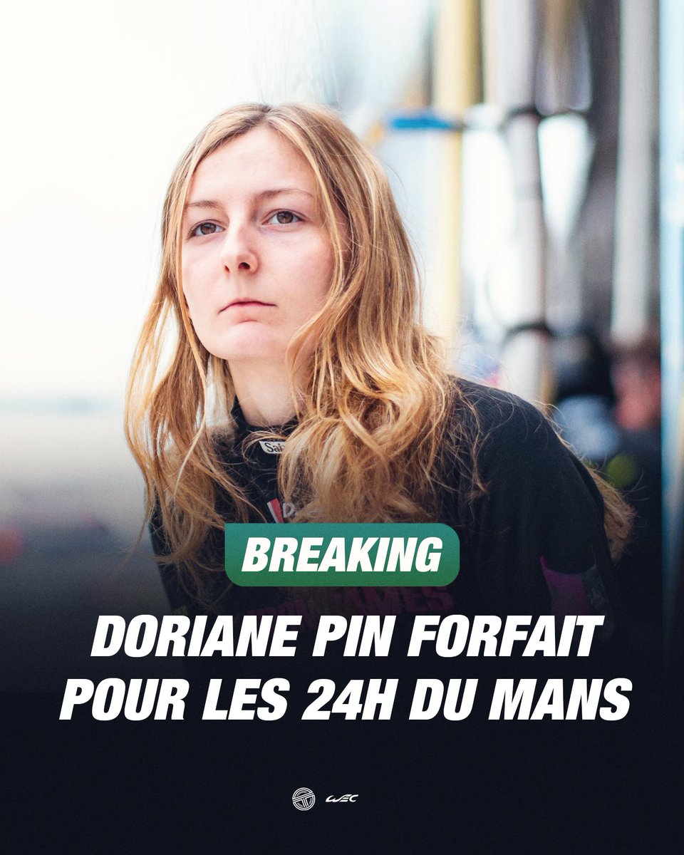 TearOffFR's tweet photo. 🚨 OFFICIEL !

Doriane Pin NE PARTICIPERA PAS aux 24 Heures du Mans avec Iron Dames cette année 💔🇫🇷

La pilote française s’est fracturée des côtes lors de son week-end de FRECA à Spa…

Elle manquera donc aussi le prochain rendez-vous de FRECA à Zandvoort, le week-end prochain.

#WEC #LeMans24