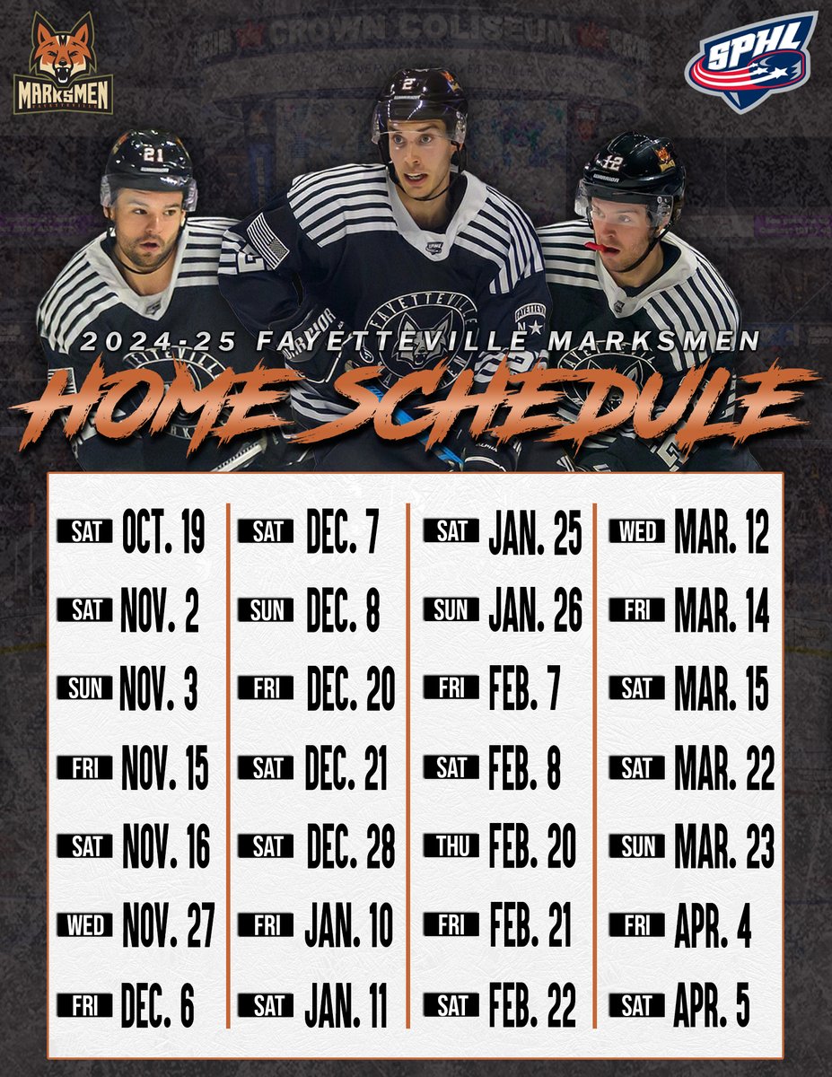 ‼️ SCHEDULE ALERT ‼️

You asked, we delivered! Here are all the days you'll be at the @CrownComplexNC this upcoming season!

Don't miss the next chapter of Marksmen Hockey, lock in your season tickets today!➡️ tinyurl.com/2fduw977

#FearTheFox🦊