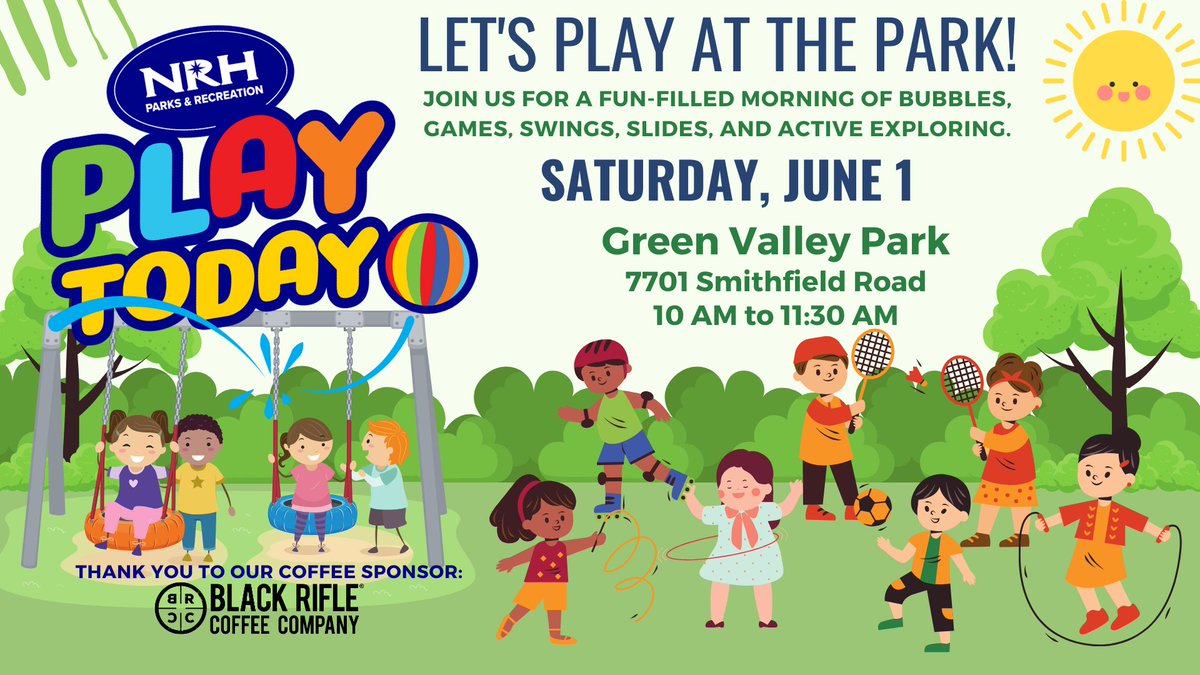 Who doesn't like to get outside and play? Don't forget to join us this Sat, June 1 from 10AM–11:30AM at Green Valley Park, 7701 Smithfield Rd. for some fun in the great outdoors at Play Today NRH!  #NatureRightHere #PlayTodayNRH