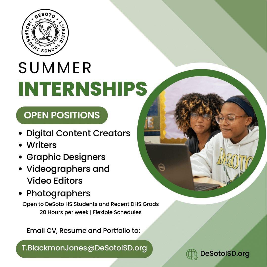 DeSoto ISD Comms is looking for exceptional summer interns. Students will engage in real projects and build a portfolio through this flex schedule professional experience.