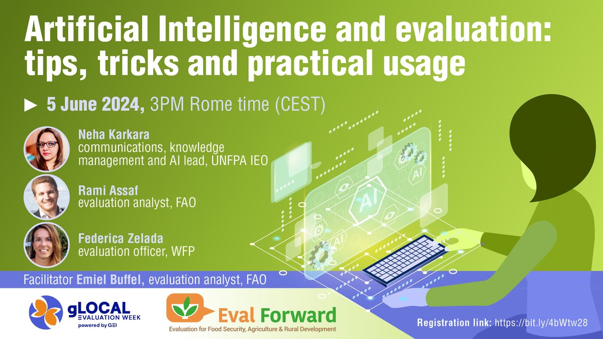Hot topic at the #gLOCAL2024 week:
Artificial Intelligence in #evaluation! 

👉Join us for a discussion on Ethics, Tips, and Practical Usage: bit.ly/4bWtw28

#AI #Evaluation #Ethics #gLOCAL2024