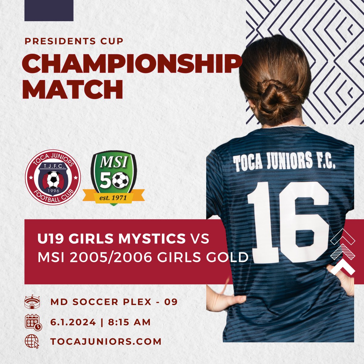 ⚽️ CHAMPIONSHIP MATCH

🏆 Presidents Cup
⬛️ U19 Girls MYSTICS vs MSI 2005/2006 Girls Gold
🗓️ Saturday, June 1, 2024
🕑 8:15 AM
🏟 MD Soccer Plex - 09

🔵🔴 #WeAreToca #TOCA #tocajuniors #PLAYsimple #FutbolSimple #Futbol #soccer #PresidentsCup #usyouthsoccer #usyscups