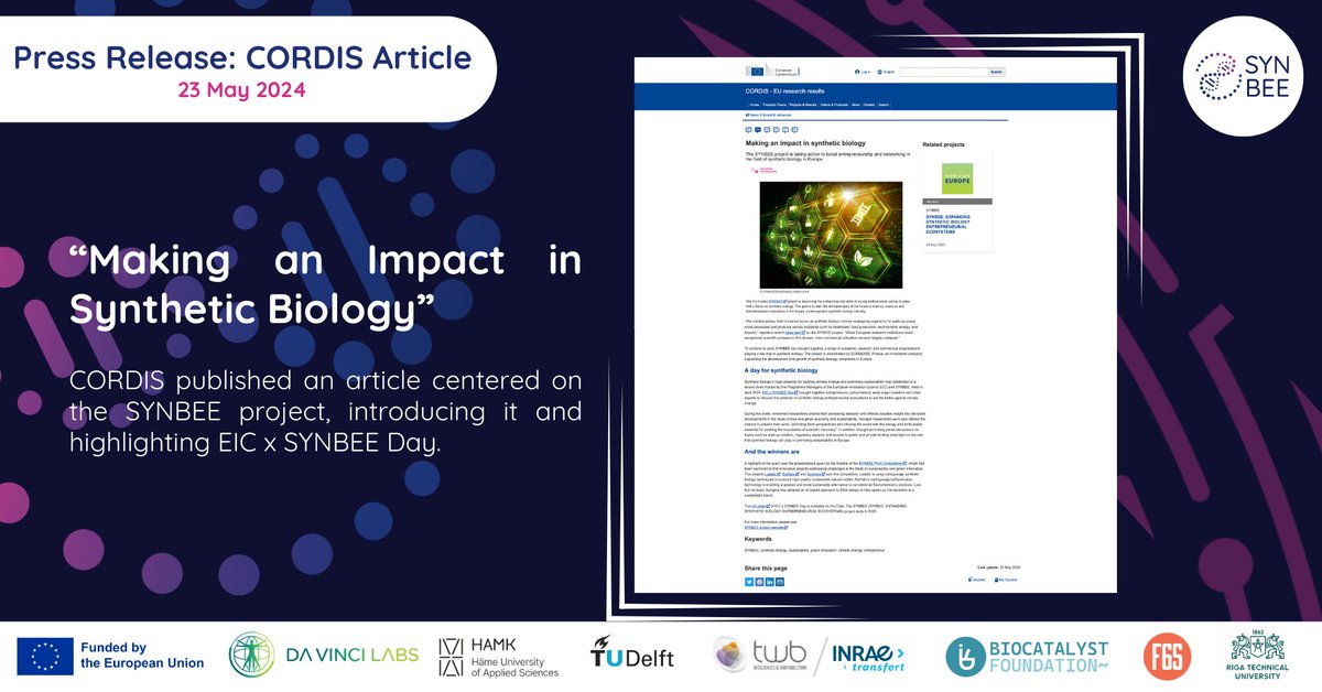 SYNBEE (@synbee_eu) on Twitter photo 📰 Exciting news on the SYNBEE Project!
<a href="/CORDIS_EU/">EU Research Results</a> has published an article about SYNBEE entitled "Making an impact in synthetic biology". 🧬
Thank you for supporting SYNBEE.🙌
🔗 Read full article here:lnkd.in/dsnxNHut
🔗 Watch our journey here:lnkd.in/d2VVA2me 📰 Exciting news on the SYNBEE Project!
<a href="/CORDIS_EU/">EU Research Results</a> has published an article about SYNBEE entitled "Making an impact in synthetic biology". 🧬
Thank you for supporting SYNBEE.🙌
🔗 Read full article here:lnkd.in/dsnxNHut
🔗 Watch our journey here:lnkd.in/d2VVA2me
