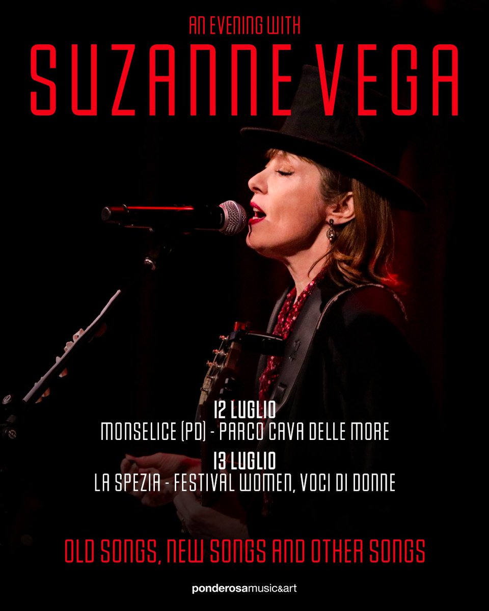 Happy to say I'll be coming back to Italy to play two shows for you this summer! Tickets are on sale now at suzannevega.com/tour Can't wait to see more of you soon♥️ #suzannevega #tour