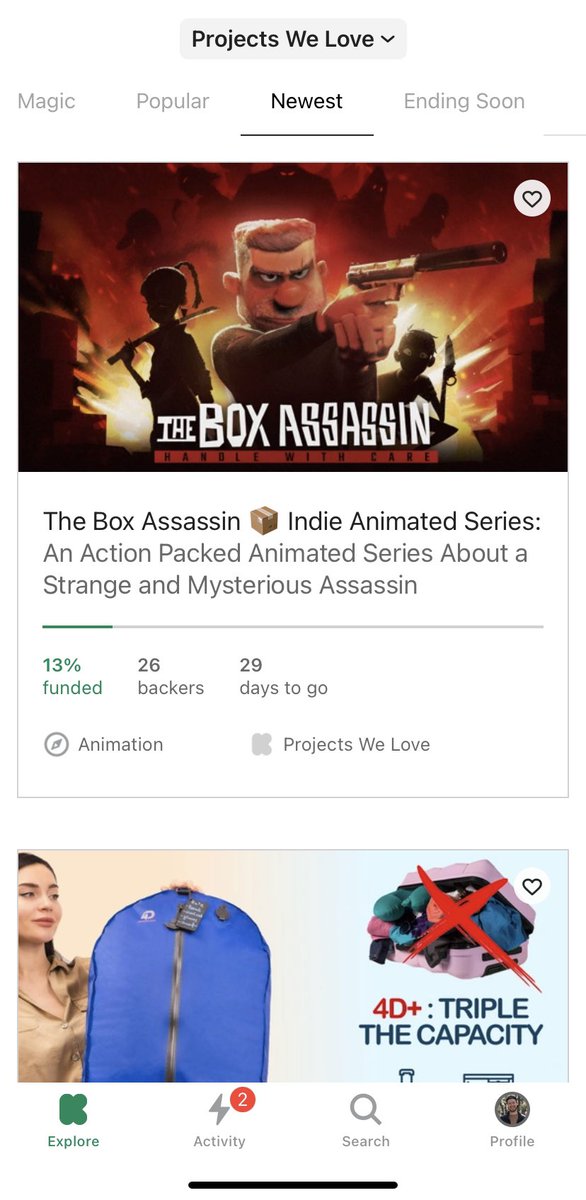 TheBoxAssassin's tweet image. We’re on the front page of @Kickstarter! 
Thank you all so much. We’re doing it 🥹
#TheBoxAssassin📦