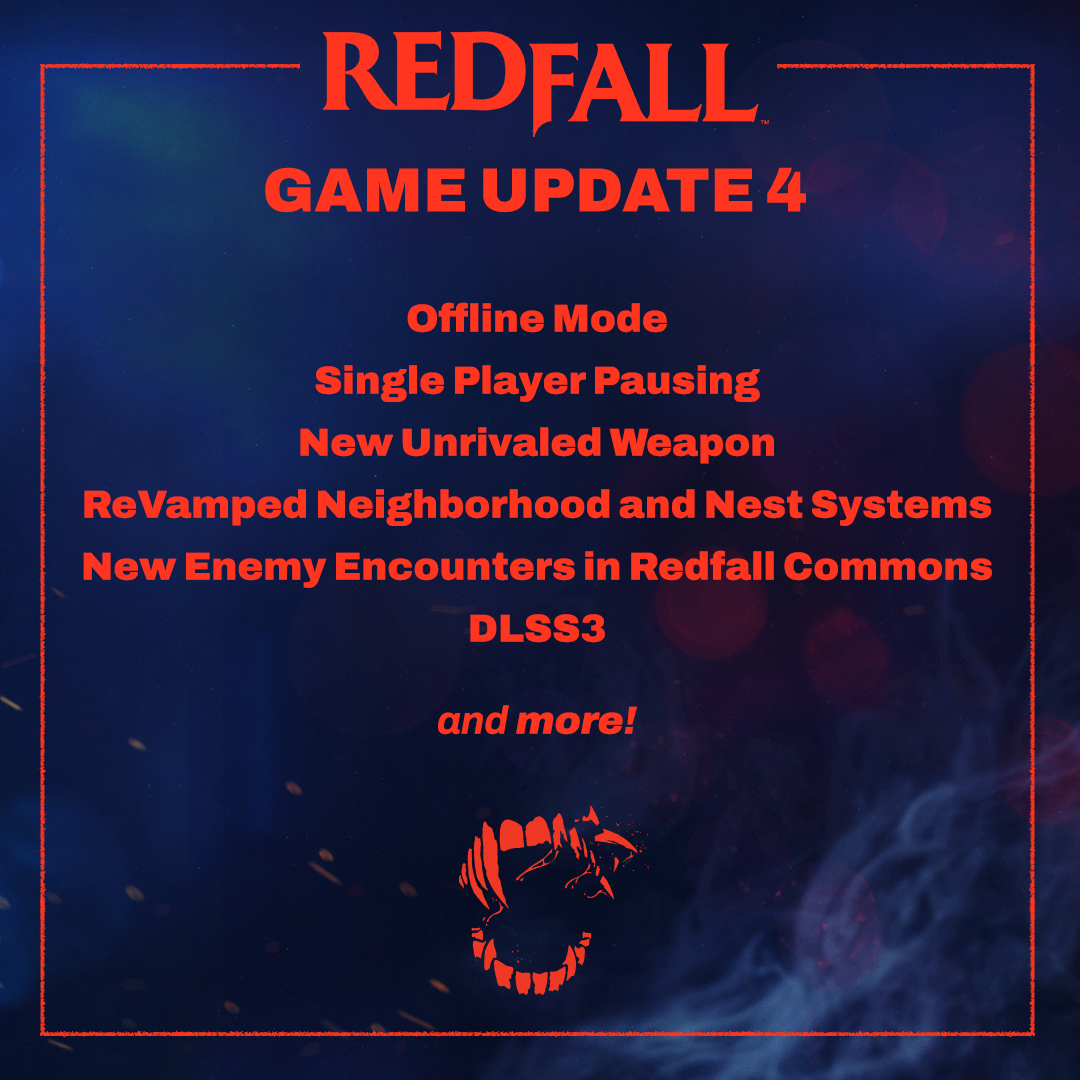 playRedfall's tweet image. Game Update 4 is available now and features Offline Mode, ReVamped Neighborhood and Nest systems, Single Player Pausing, and more.

Learn more about the update here: beth.games/3wND14S
