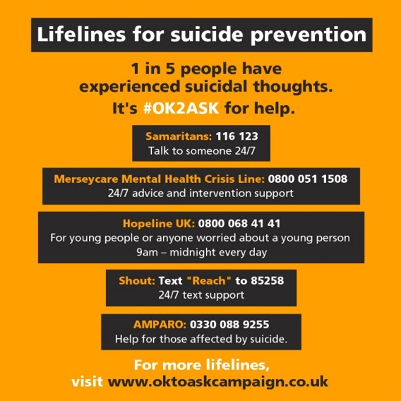 5 important lifelines for suicide prevention in #StHelens

If you see this post, please share it to help us reach those who may need them.  💛 

#OK2ASK #SuicidePrevention