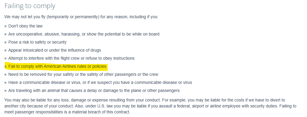 therealZNO's tweet photo. @CollinRugg They agreed to this when they bought the ticket.
It's listed on AA's "Conditions of Carriage" under "Your Responsibility".

This isn't a race issue.
This is a hygiene issue.

But, I'm sure they'll be able to win some $$ in a settlement. https://t.co/6xZBzujxpX