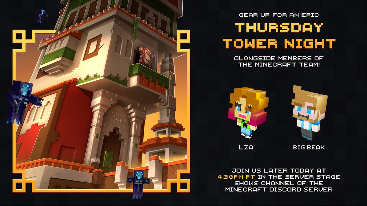 Minecraft Dungeons (@dungeonsgame) on Twitter photo Mojang's own Big Beak and LZA will be doing tower runs on Discord later today at 4:30 PM PT!
Join us as we conquer the tower together 💪
Find the Discord here: discord.gg/minecraft Mojang's own Big Beak and LZA will be doing tower runs on Discord later today at 4:30 PM PT!
Join us as we conquer the tower together 💪
Find the Discord here: discord.gg/minecraft