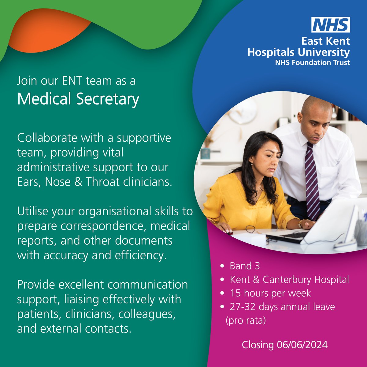 💻 We're looking for a medical secretary to join our ENT department in Canterbury!
⬇️ This could be a great opportunity for a passionate & organised individual. Follow the link below to find out more & apply.
orlo.uk/MEDSEC_ENT_1Ni…

#EKHUFT #NHSJobs #NHScareers