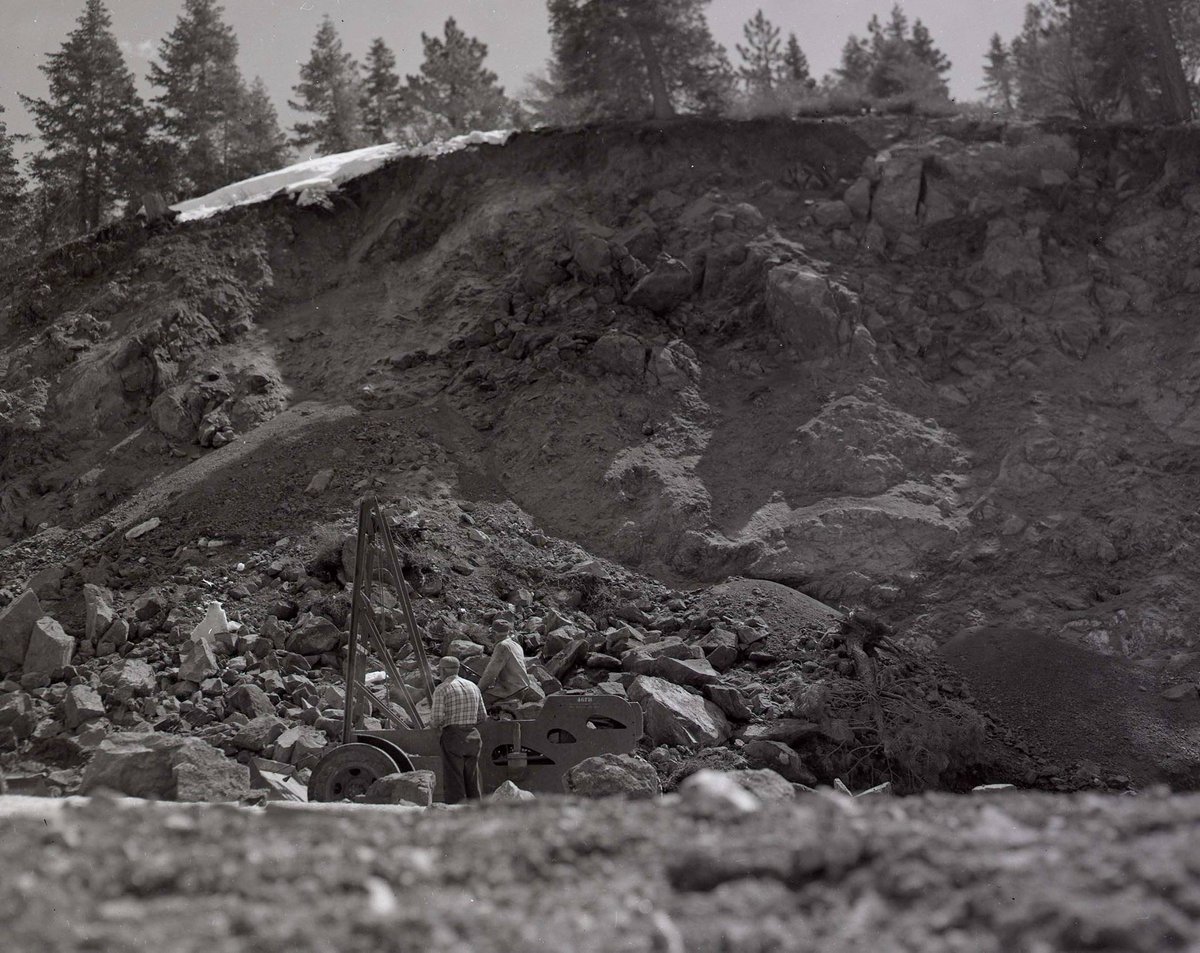 TBT: Circa 1960, a crew hard at work clearing rock fall from U.S. 50 at Lake Tahoe. 👷 Explore NDOT history through photos like this at dot.nv.gov/100