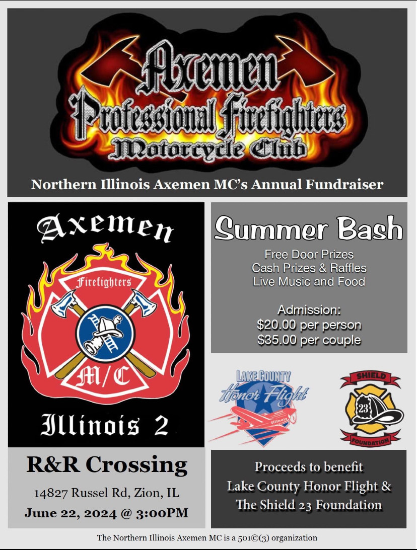 Join us for the annual fundraiser hosted by Axemen Northern Illinois Axemen MC on Saturday, June 22nd! Your participation will support Lake County Honor Flight and The Shield 23 Foundation!
#supportourveterans #fundraiser #lchf