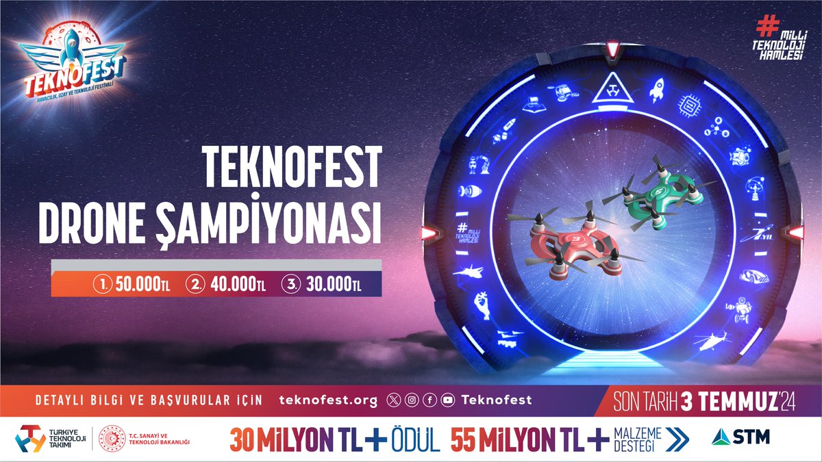 #TEKNOFEST2024 🚀 Gökyüzünde fırtına gibi esmek için TEKNOFEST Drone Şampiyonası bizi bekler! #TEKNOFEST ile Gelecek Sensin 🚀 🗓 Son Başvuru: 3 Temmuz 👉 mth.tc/Drone 🤝 @STMDefence