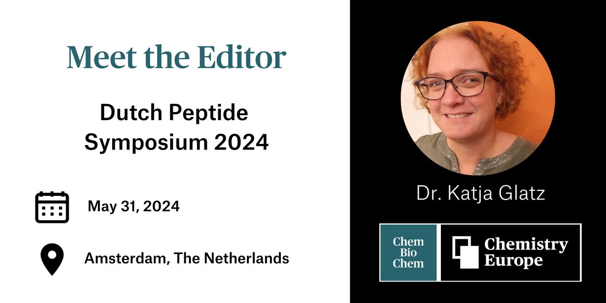 Meet the Editor! Katja Glatz (Deputy Editor @ChemistrySelect and @AnalysisSensing) is attending the Dutch Peptide Symposium 2024 (ow.ly/IY1c50S05nw) on behalf of @ChemBioChem which will sponsor two poster prizes. 
Say hello and talk to her about all things publishing!