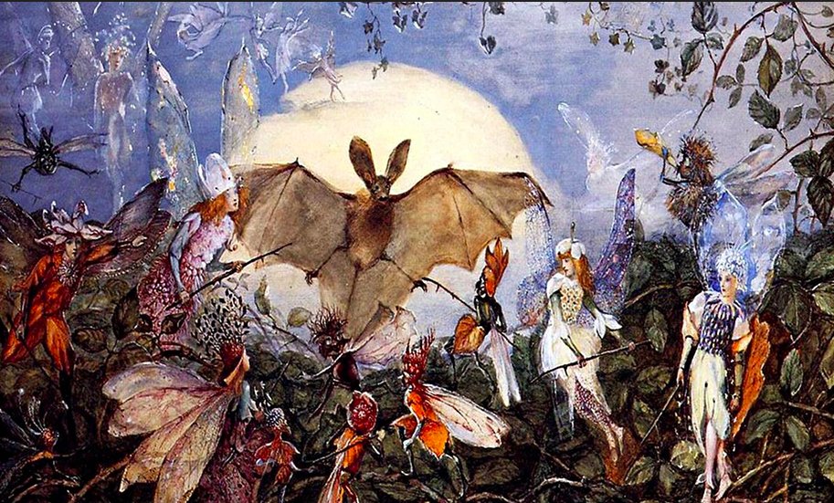 @bats_ukraine @albertabats @Couchpotato_19 @vladizhuravel #BatsInArt
John Anster Fitzgerald (c.1823–1906)
FAIRY HORDERS ATTACKING A BAT (c. 1860, detail). 
Oil on canvas
Have a vibrant and fragrant day. Be all ears ...