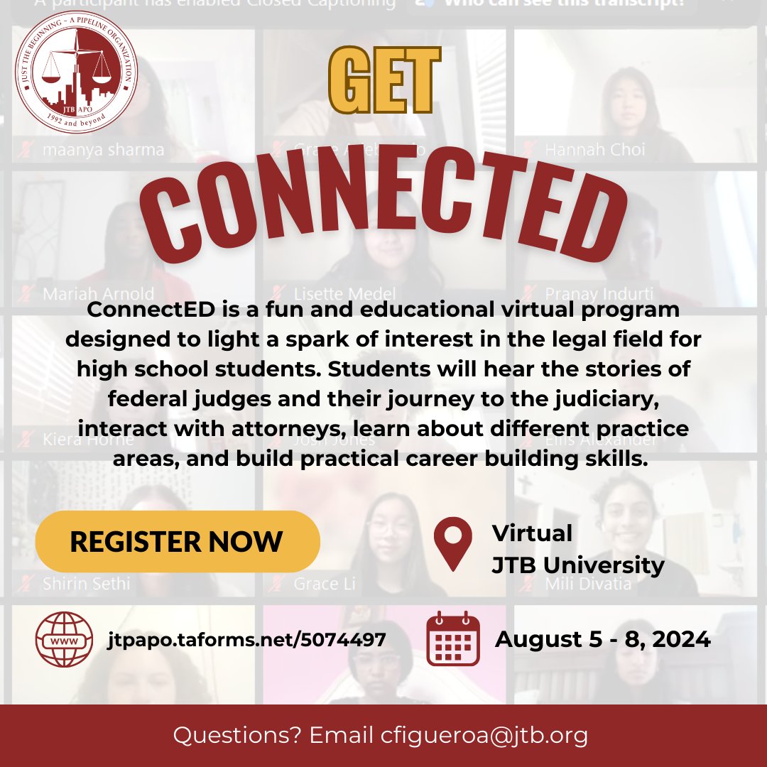 Are you a high school student? Interested in studying law? Looking for a summer program to connect you to mentors in the legal field and other students like you? Join JTB, August 5 - 8, for our ConnectED program⚖️  Apply today at jtbapo.tfaforms.net/5074497!