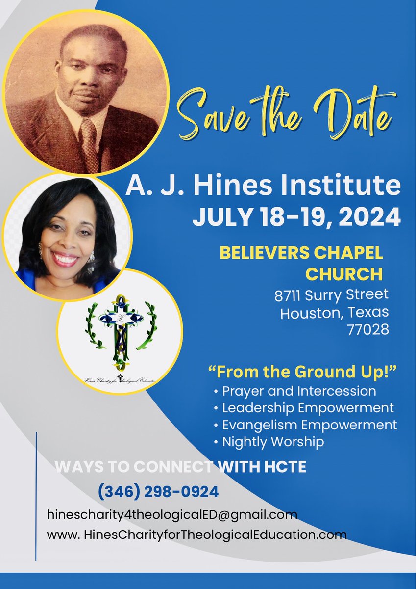 Dr. Carolyn Cecile Hines and the HCTE Board of Directors cordially invite you to join us in our First Annual A. J.Hines Institute. An inspirational and instructional experience providing support, fellowship,and spiritual strength for those called to the “Work of Christ.”
