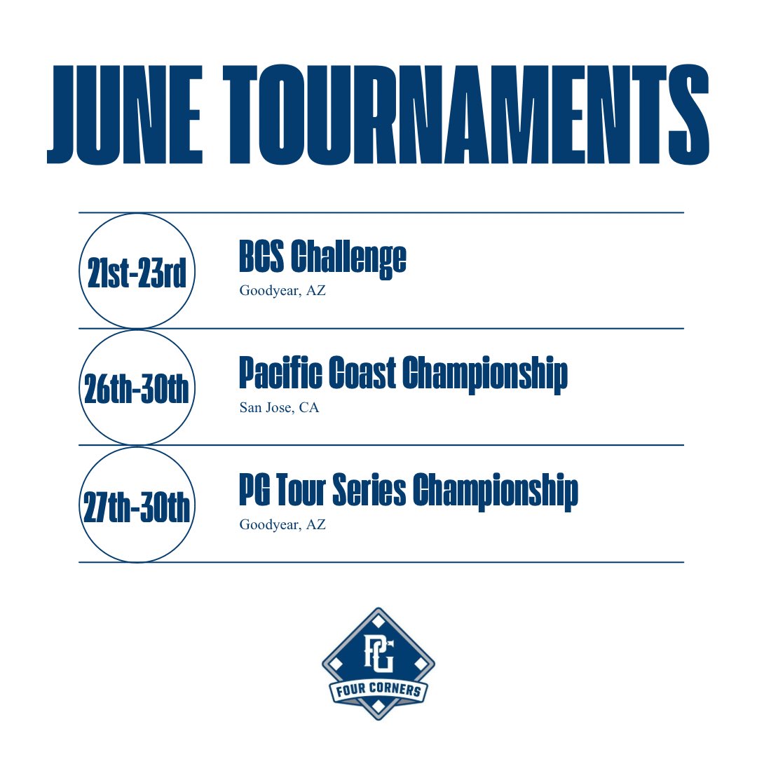 June is PACKED full of tournaments ranging from Arizona all the way up to Canada. We look to see everyone compete this month!

#perfectgame #pgyouthbb #pgscouting #pgfourcorners #pgaz