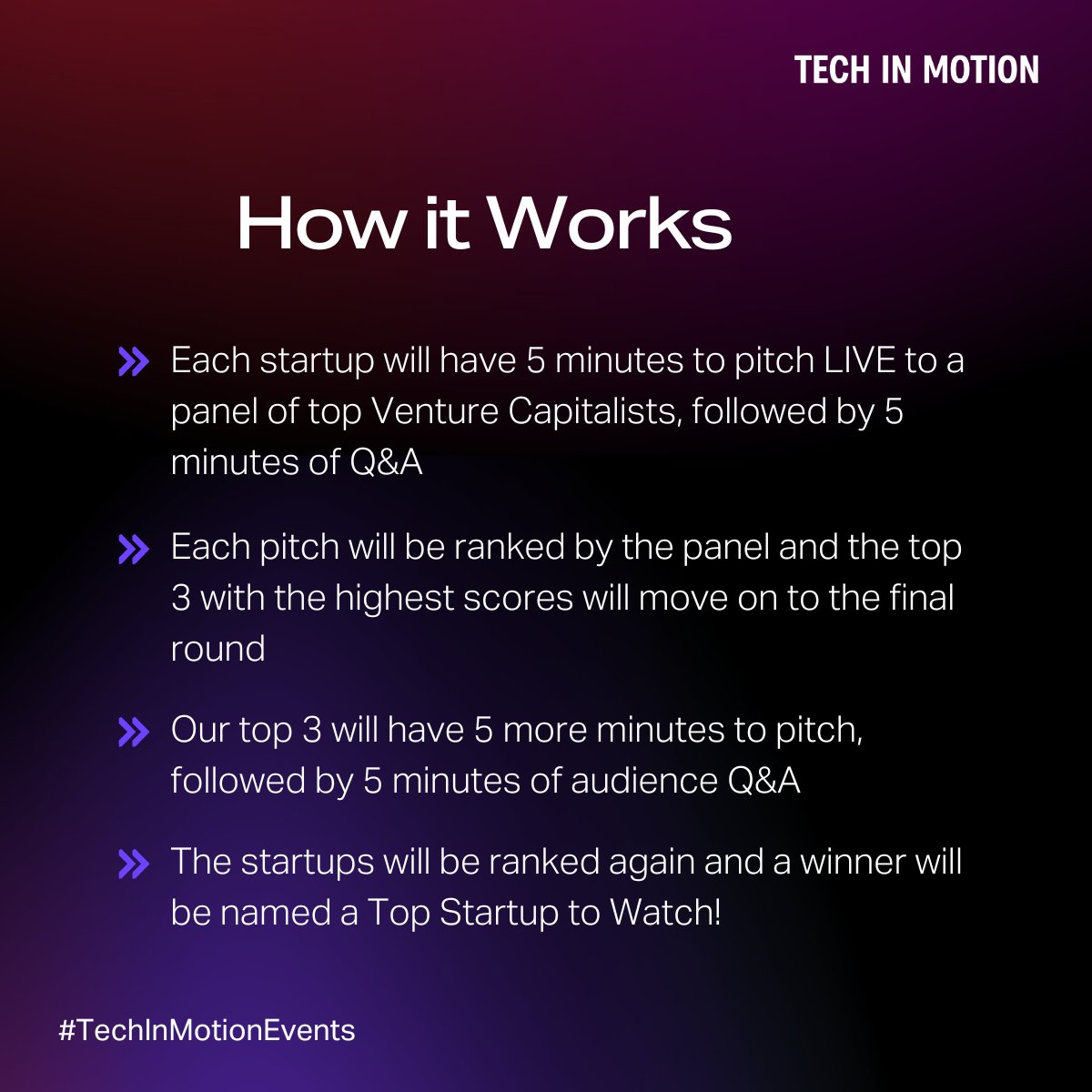 Tech_in_Motion's tweet image. 🌟 Get ready for Tech in Motion&apos;s &quot;Startups to Watch&quot; Pitch Off! 8 startups, 4 judges, 1 winner! Who will reign supreme? Tune in for groundbreaking pitches and excitement! #StartupsToWatch #PitchOff 

hubs.la/Q02y-t710