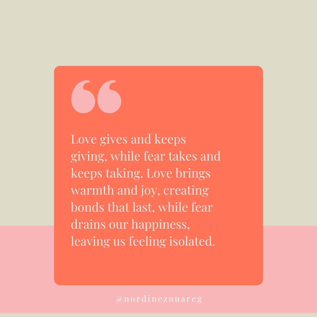 'Love gives and keeps giving, while fear takes and keeps taking. Love brings warmth and joy, creating bonds that last, while fear drains our happiness, leaving us feeling isolated.' #InnerFitness #Mindfulness