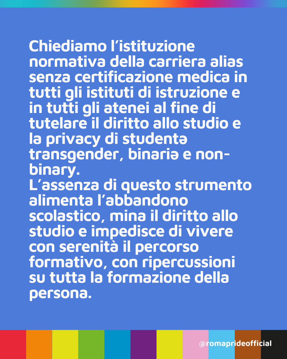 Roma_Pride's tweet photo. 🏳️‍🌈 Il 5° punto del nostro manifesto politico.

✊🏻 Oggi più che mai difendiamo gli spazi sicuri in ogni ambito della società, chiedendo l’eliminazione delle discriminazioni nelle scuole, nelle università, nello sport, nei luoghi di lavoro e nelle istituzioni pubbliche. https://t.co/yJqWusfQbd