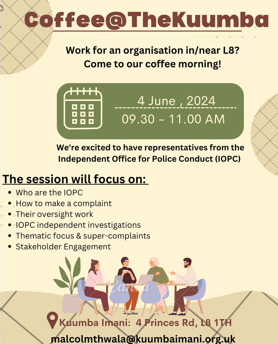 Work for an organisation in/near L8?  The Independent Office for Police Conduct will be at  Coffee@TheKuumba, 4th June 9.30-11.00 to discuss their work &amp; its impact on our community.