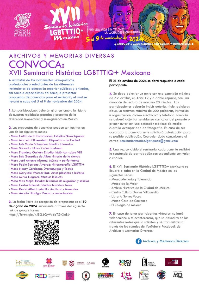 Con gusto presentamos la convocatoria de recepción de trabajos y ponencias para el XVII Seminario Histórico LGBTTTIQ+ Mexicano del 5 al 9 noviembre de 2024. 

La fecha limite para la recepción de propuestas será el 30 de agosto de 2024, inscripción en forms.gle/MMZ5TxVEE6PpCN…