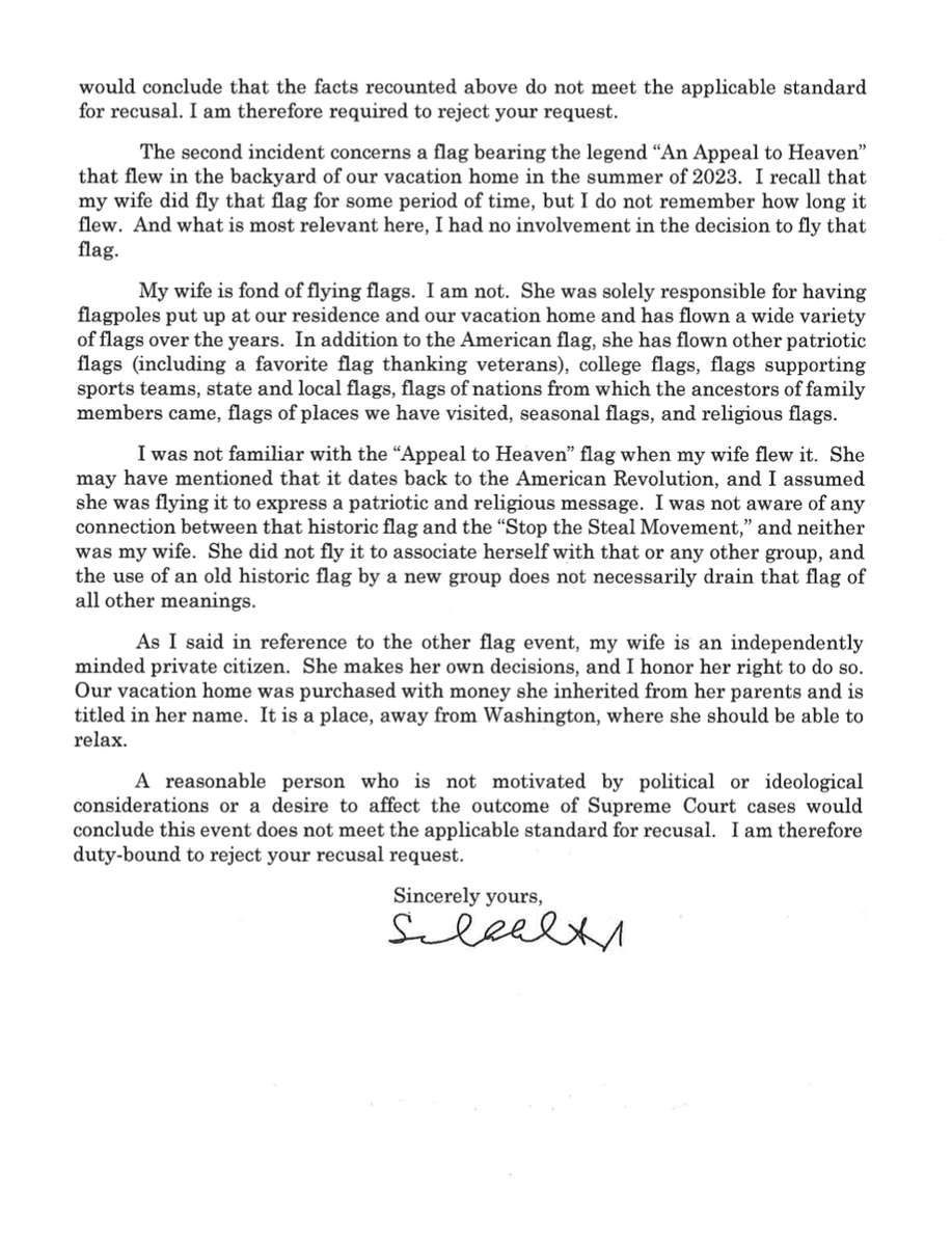 The same man who authored the SCOTUS opinion overturning #Roe is defending his wife's Jan. 6th flag by claiming "she makes her own decisions, and I have always respected her right to do so."

Oh, so now we're respecting women's decisions? Stop lying and recuse yourself already.