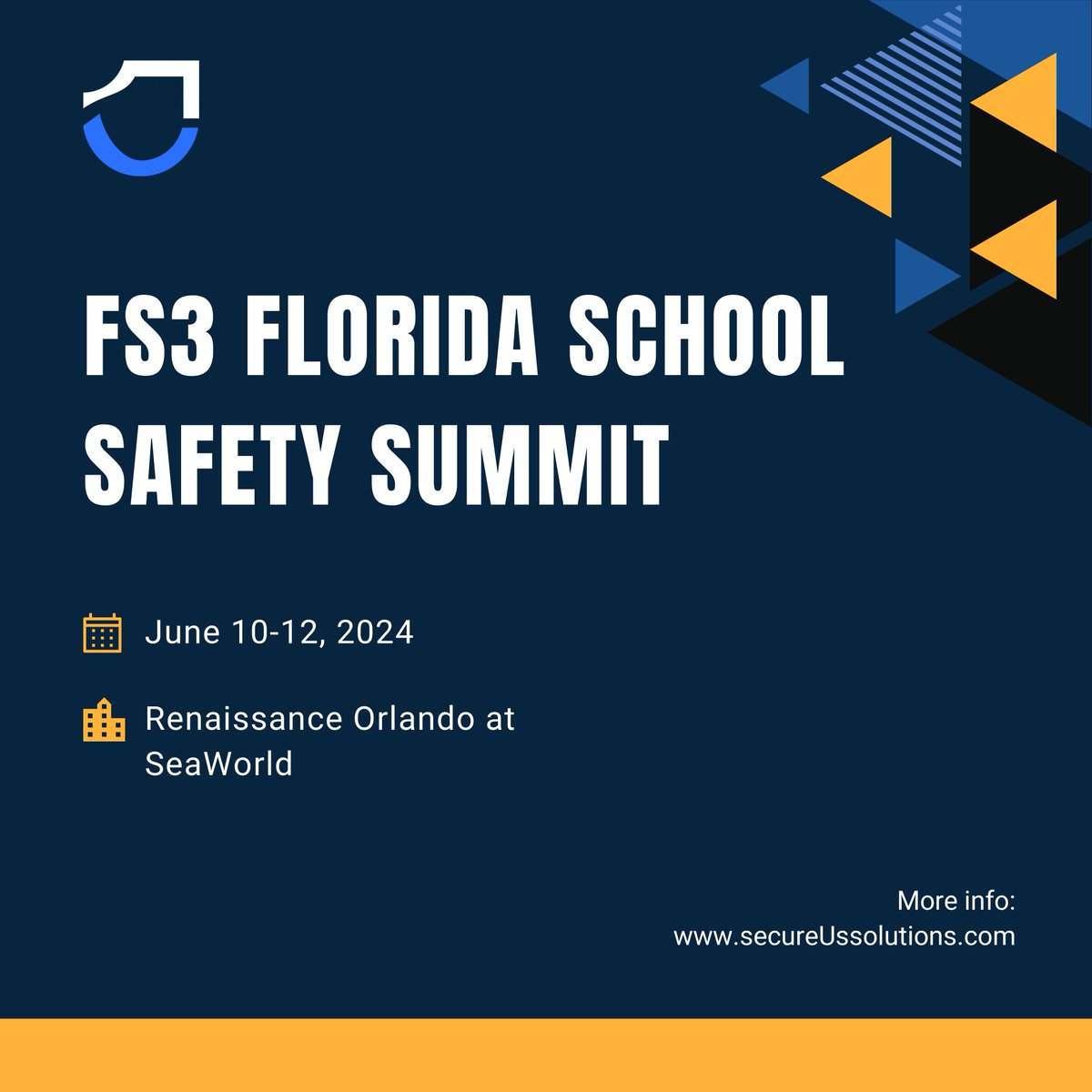 ssecureUS's tweet image. We're thrilled to share that secureUs solutions will be at 
FS3 2024 School Safety Summit from June 10-12, 2024, at the Renaissance Orlando SeaWorld. #SchoolSafety #SchoolSecurity #FS3