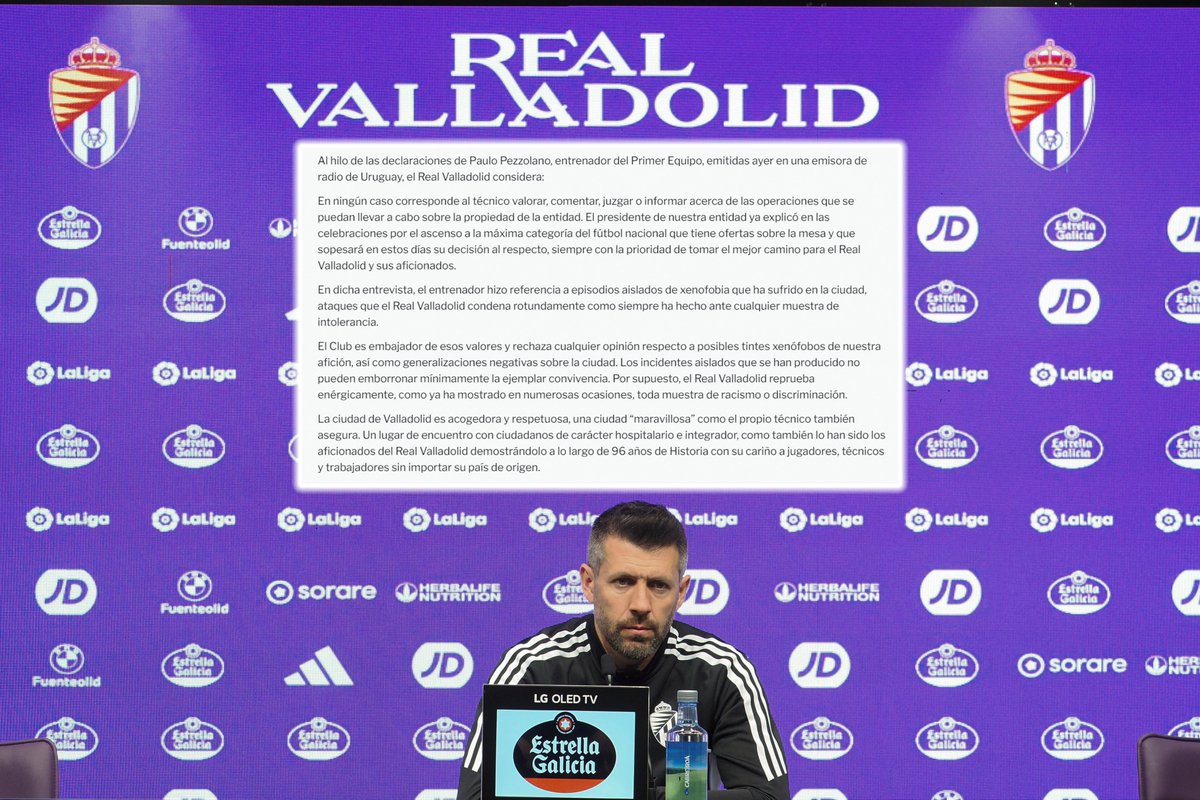 🟣 El Valladolid responde a las declaraciones de su entrenador, Paulo Pezzolano, en las que denunciaba que su equipo técnico y él habían sufrido xenofobia en Valladolid, una ciudad 'particular'.