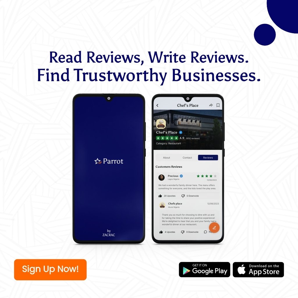 Parrot is now available on Google Play Store and Apple Store. Download now and join the growing community! 🎉

#UseParrot #AskParrot #TellParrot #DownloadNow #BusinessOwners #Customers #Enterprenuers #SmallBusinesses #Restaurants #AkureVendors #JoinParrot #Visibility #Growth