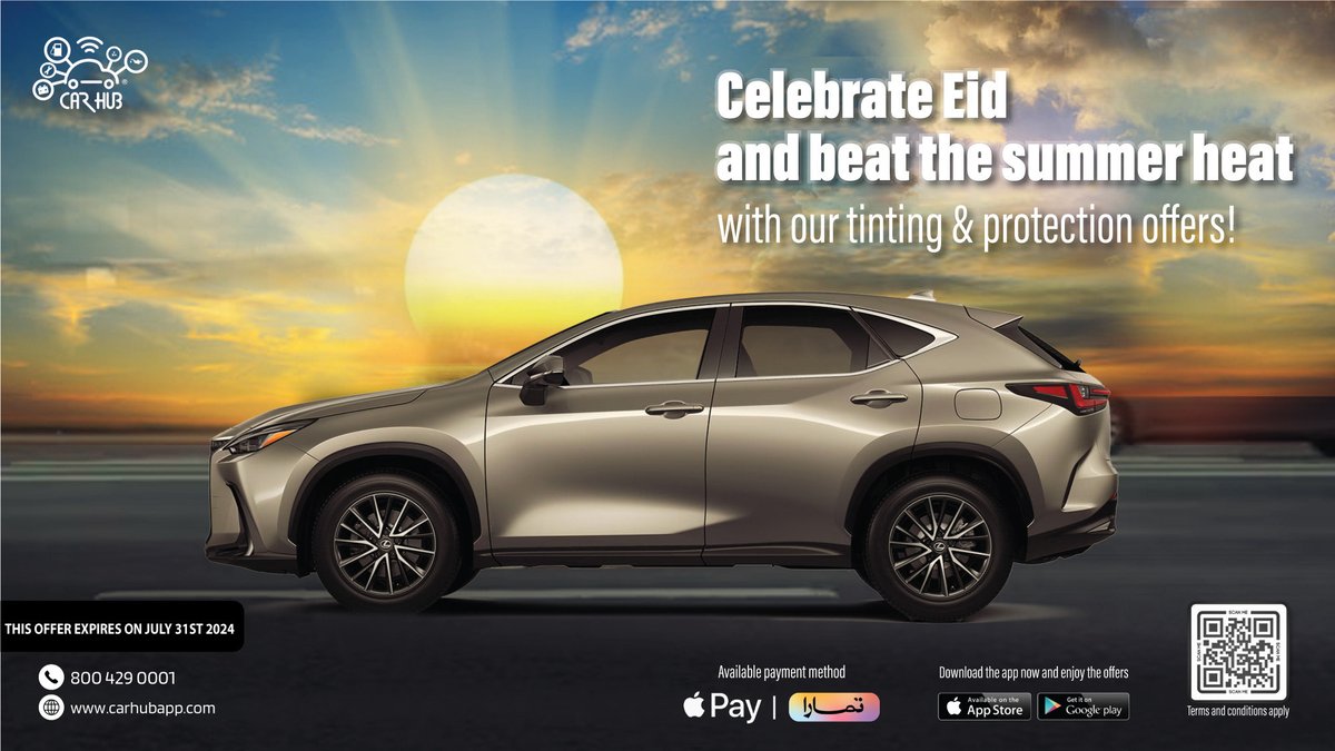 Don’t miss out on #CarHub’s Eid Al-Adha offers for Tinting & Protection services.

Terms and conditions:
- The offer is not redeemable in cash value
- This offer is for all types of cars
- This offer is valid until 31/07/2024
- Service availability varies depending on the