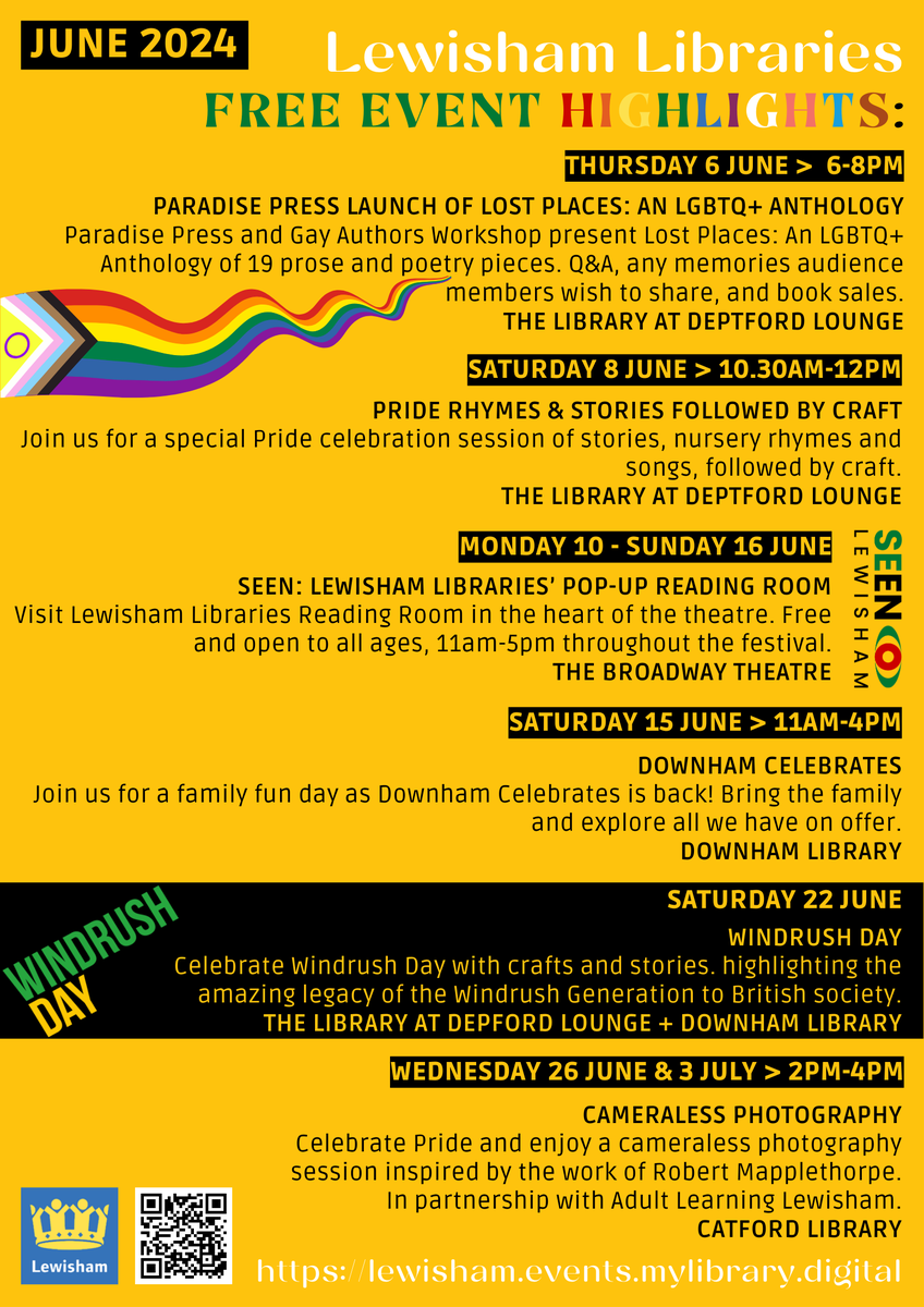 June will be an exciting month for all ages as we celebrate Pride, Windrush Day, and SEEN Lewisham Global Majority festival. You can browse all of our events and activities here lewisham.events.mylibrary.digital

@BroadwayCatford @ComEdLewisham #Pride #WindrushDay #SEENLewisham #Lewisham
